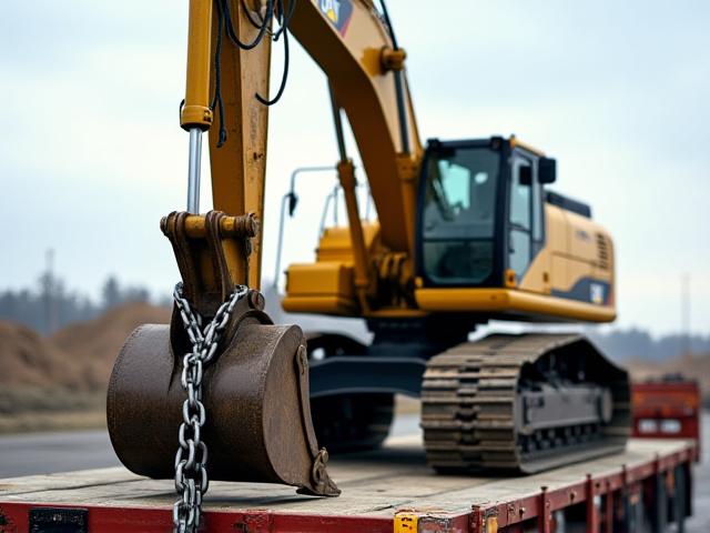 Excavators and cranes loaded for transport