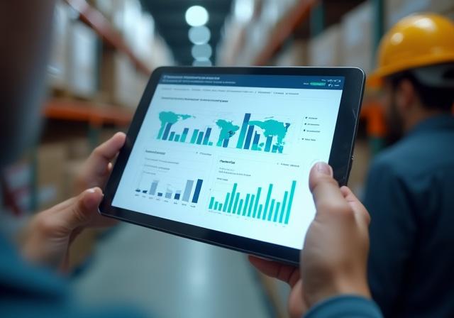A tablet displaying the APLUS modern Warehouse Management System dashboard with logistics charts